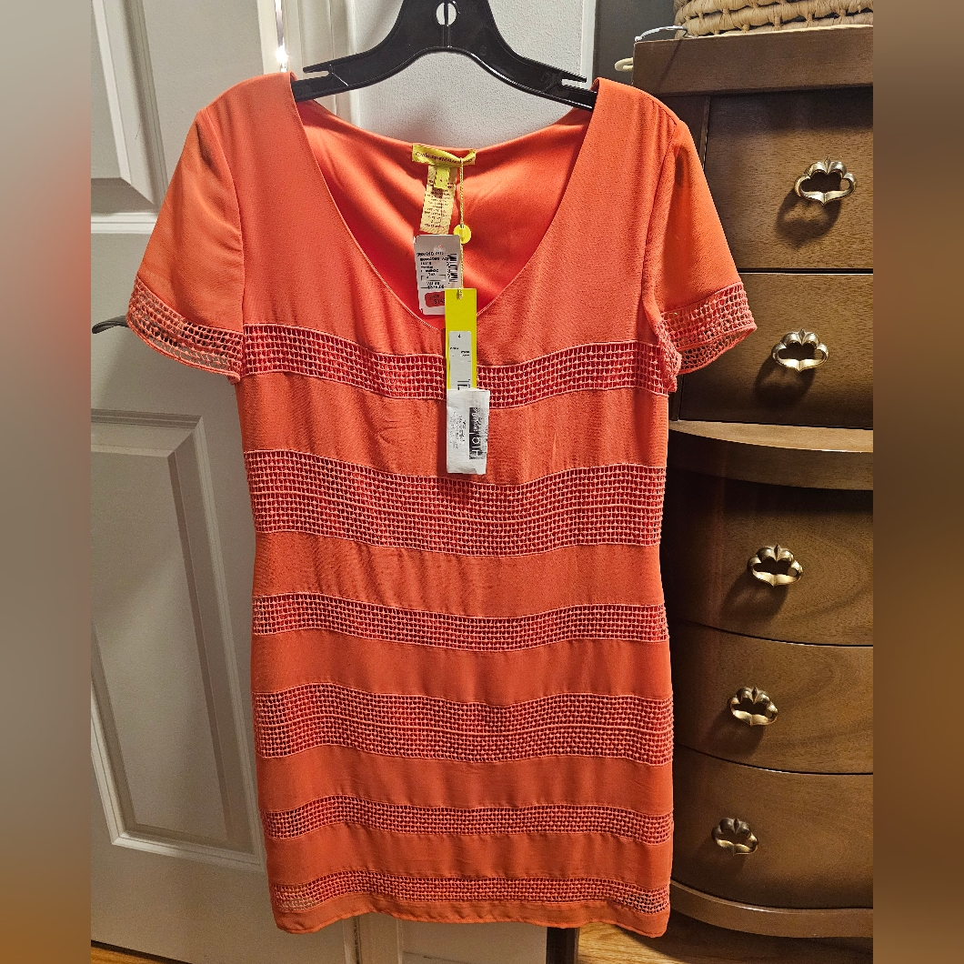 Orange Short Sleeve Dress With Textured Stripes